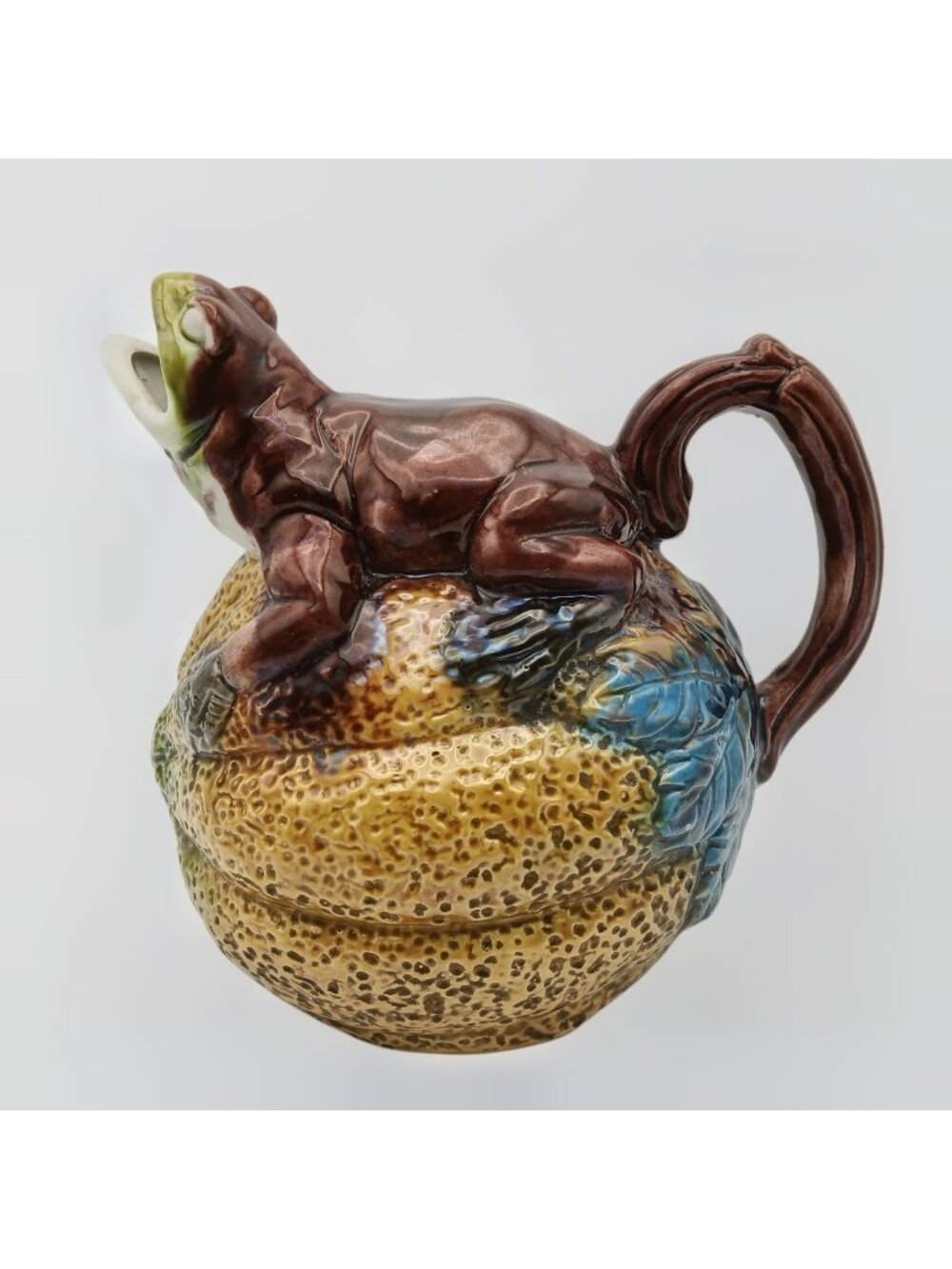 Vintage Majolica Frog on Cantaloupe Pitcher Figural Ceramic Jug 7"